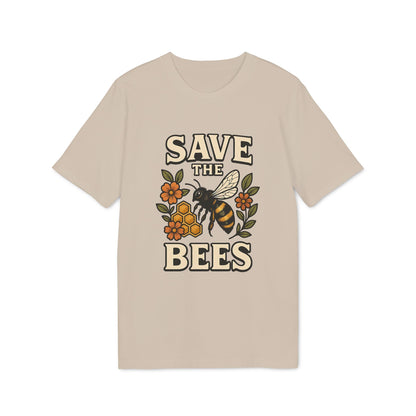 Save The Bees 100% Organic Cotton T-Shirt beige graphic tee with bee, honeycomb and flowers, “SAVE THE BEES” text
