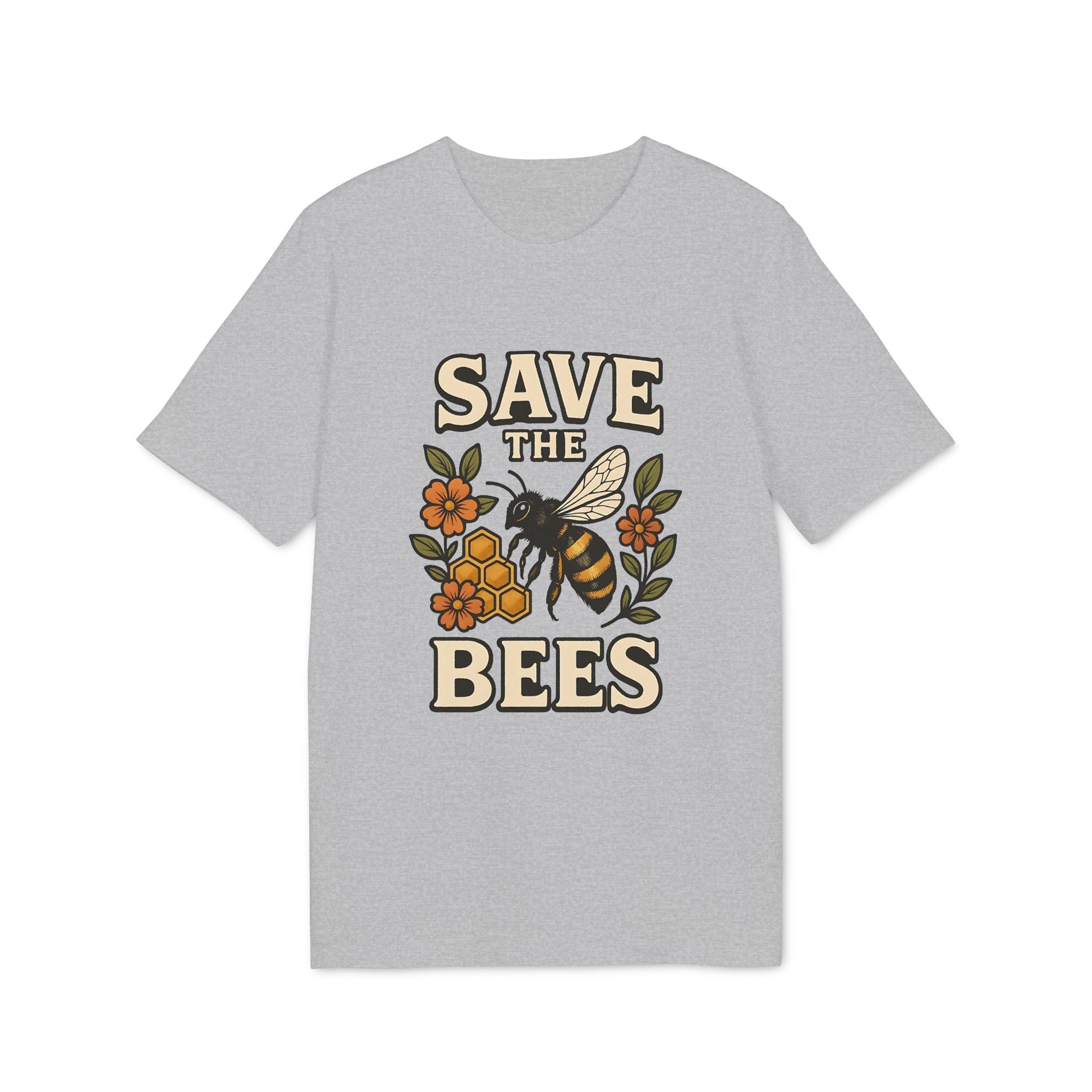 Save The Bees 100% Organic Cotton T-Shirt in gray with bee, honeycomb and flower graphic, unisex crew neck tee