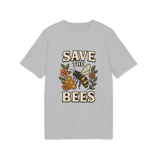 Save The Bees 100% Organic Cotton T-Shirt in gray with bee, honeycomb and flower graphic, unisex crew neck tee