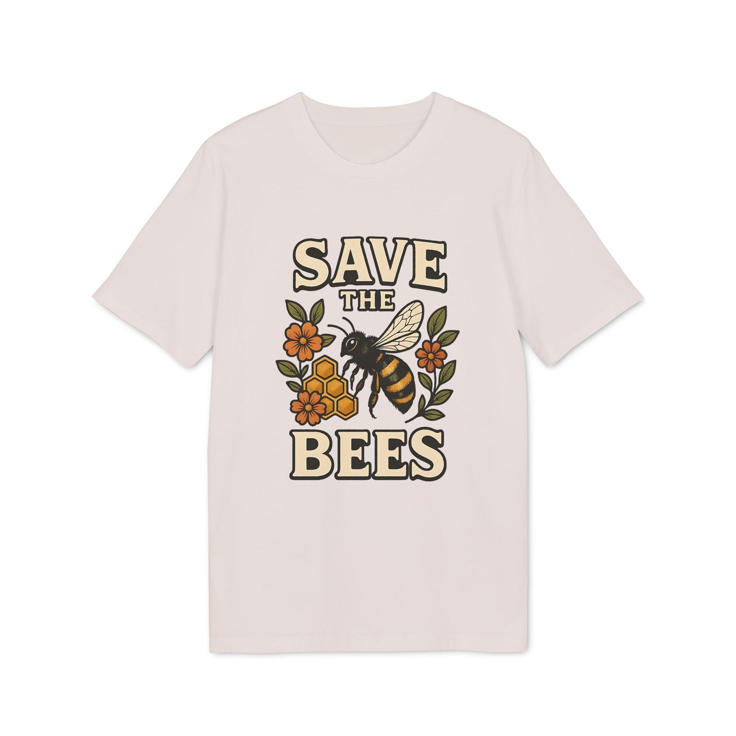 Alt Tag: Save The Bees 100% Organic Cotton T-Shirt con diseño de abeja, flores y panal en camiseta color crema