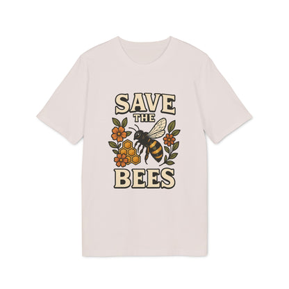 Alt Tag: Save The Bees 100% Organic Cotton T-Shirt con diseño de abeja, flores y panal en camiseta color crema