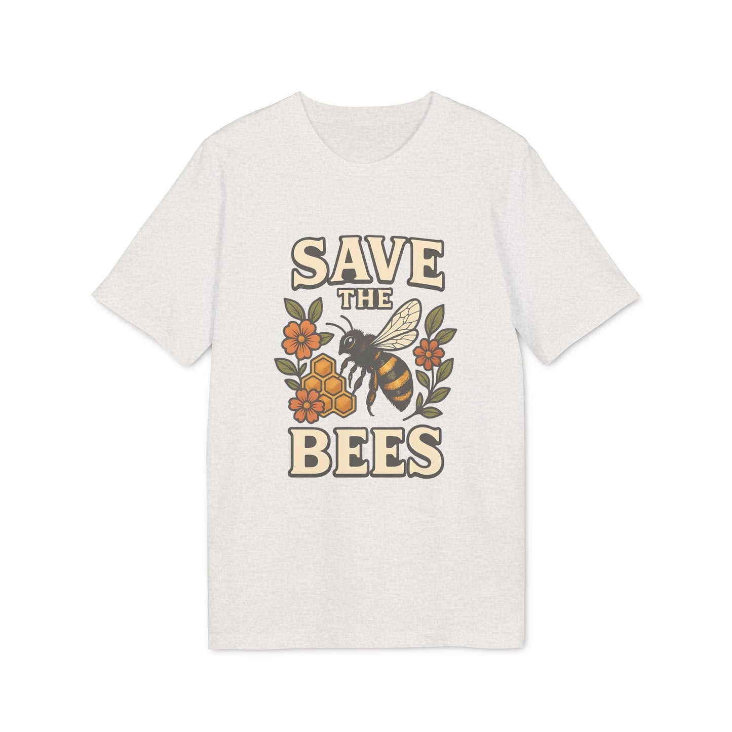 Alt Tag: Save The Bees 100% Organic Cotton T-Shirt in white with "Save the Bees" graphic, bee, honeycomb and flowers