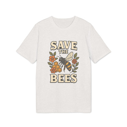 Alt Tag: Save The Bees 100% Organic Cotton T-Shirt in white with "Save the Bees" graphic, bee, honeycomb and flowers