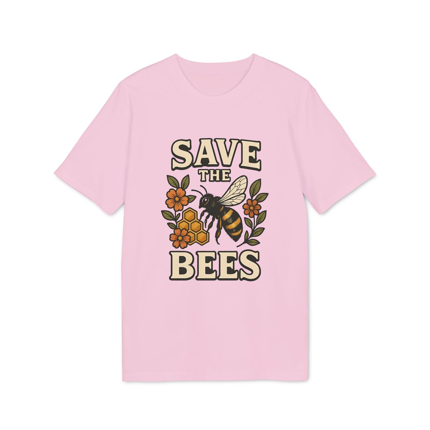 Save The Bees 100% Organic Cotton T-Shirt pink tee with bee, flowers and honeycomb graphic and “SAVE THE BEES” text