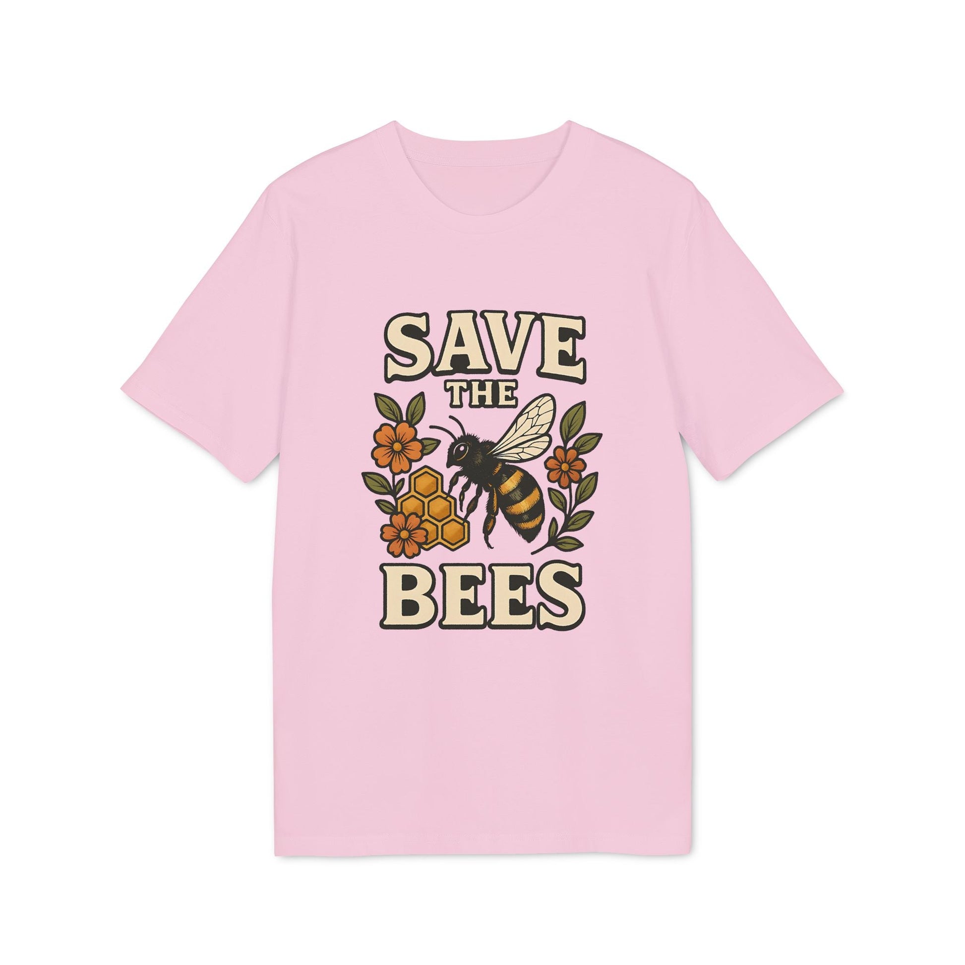 Save The Bees 100% Organic Cotton T-Shirt pink tee with bee, flowers and honeycomb graphic and “SAVE THE BEES” text