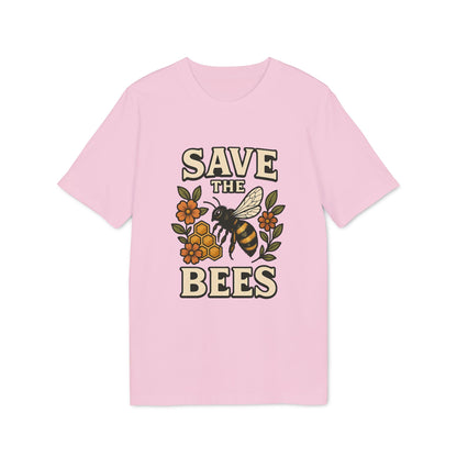 Save The Bees 100% Organic Cotton T-Shirt pink tee with bee, flowers and honeycomb graphic and “SAVE THE BEES” text