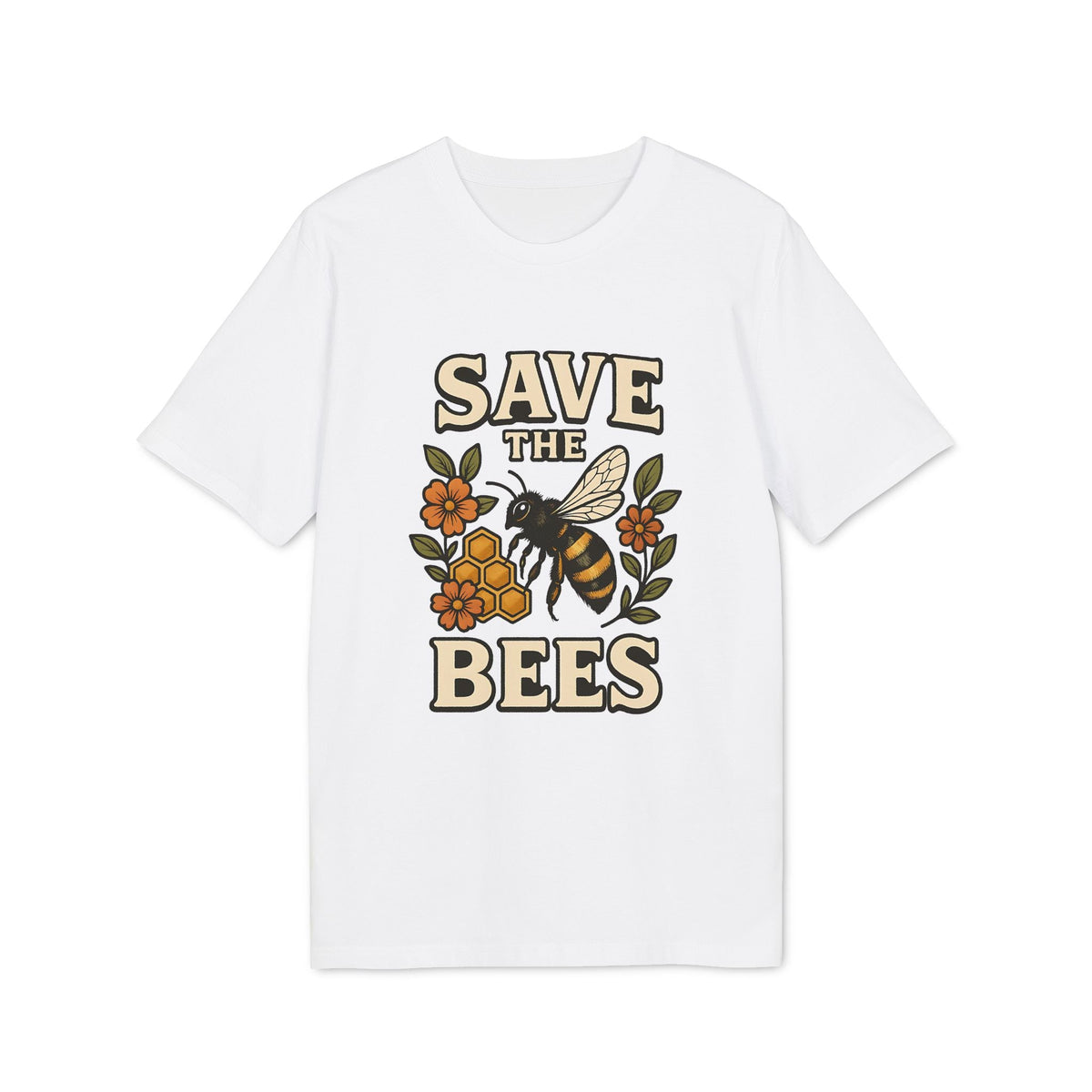 Alt Tag: Save The Bees 100% Organic Cotton T-Shirt white tee with bee, honeycomb and floral graphic, front view