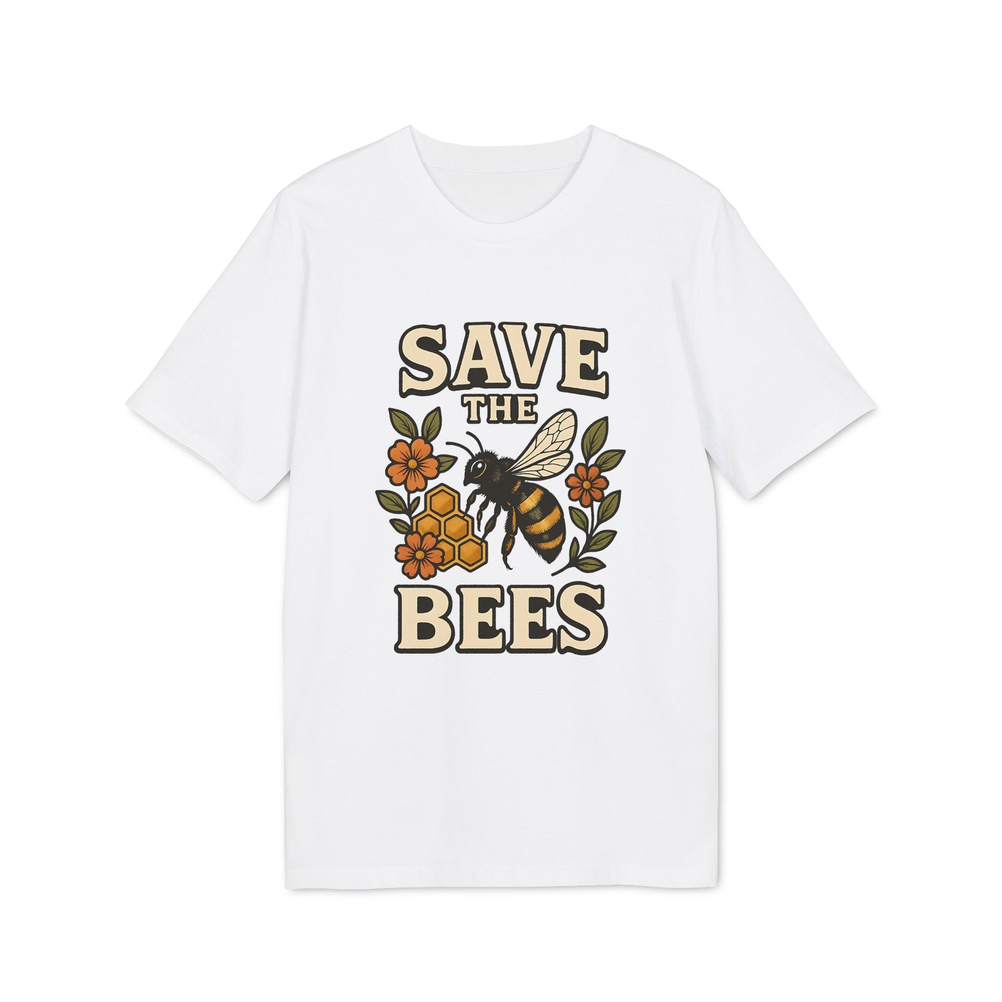 Alt Tag: Save The Bees 100% Organic Cotton T-Shirt white tee with bee, honeycomb and floral graphic, front view