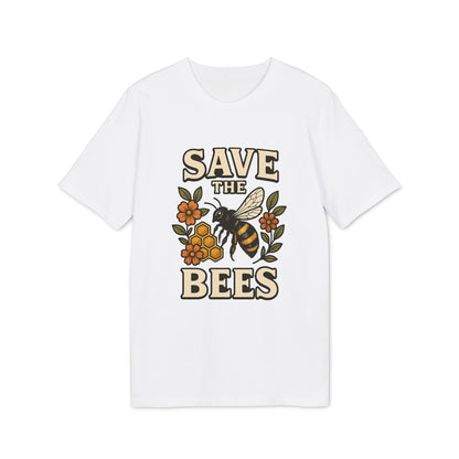 Alt Tag: Save The Bees 100% Organic Cotton T-Shirt white tee with bee, honeycomb and floral graphic, front view