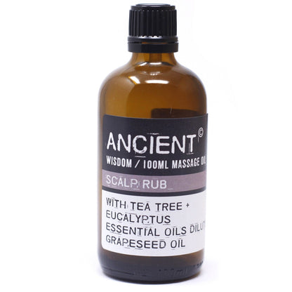 Hårbottenmassageolja – 100 ML flaska för hårbottenmassage med eteriska oljor av tea tree och eukalyptus i druvkärneolja, 100 ml bärnstensfärgat glas
