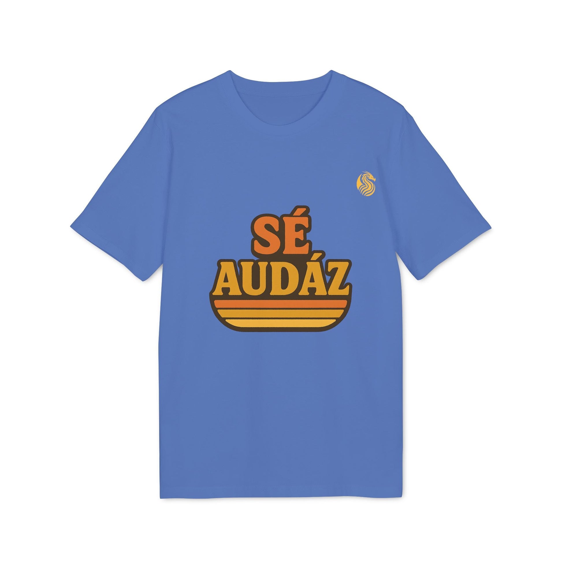 Se Audaz Ecologic Joven Premium Unisex T-Shirt azul con estampado “SÉ AUDÁZ” en el pecho, camiseta unisex de estilo moderno