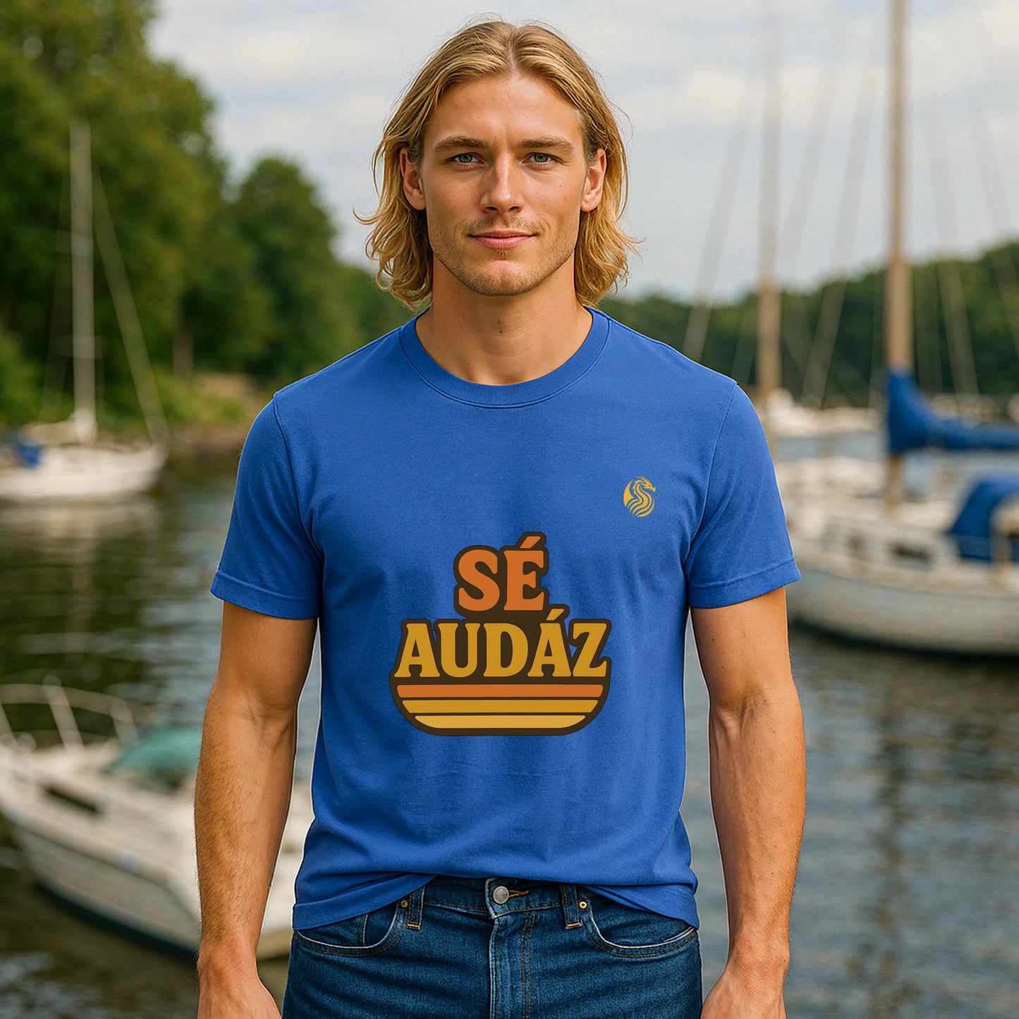 Se Audaz Ecologic Joven Premium Unisex T-Shirt camiseta azul “SÉ AUDÁZ” en modelo unisex, estilo casual junto a marina