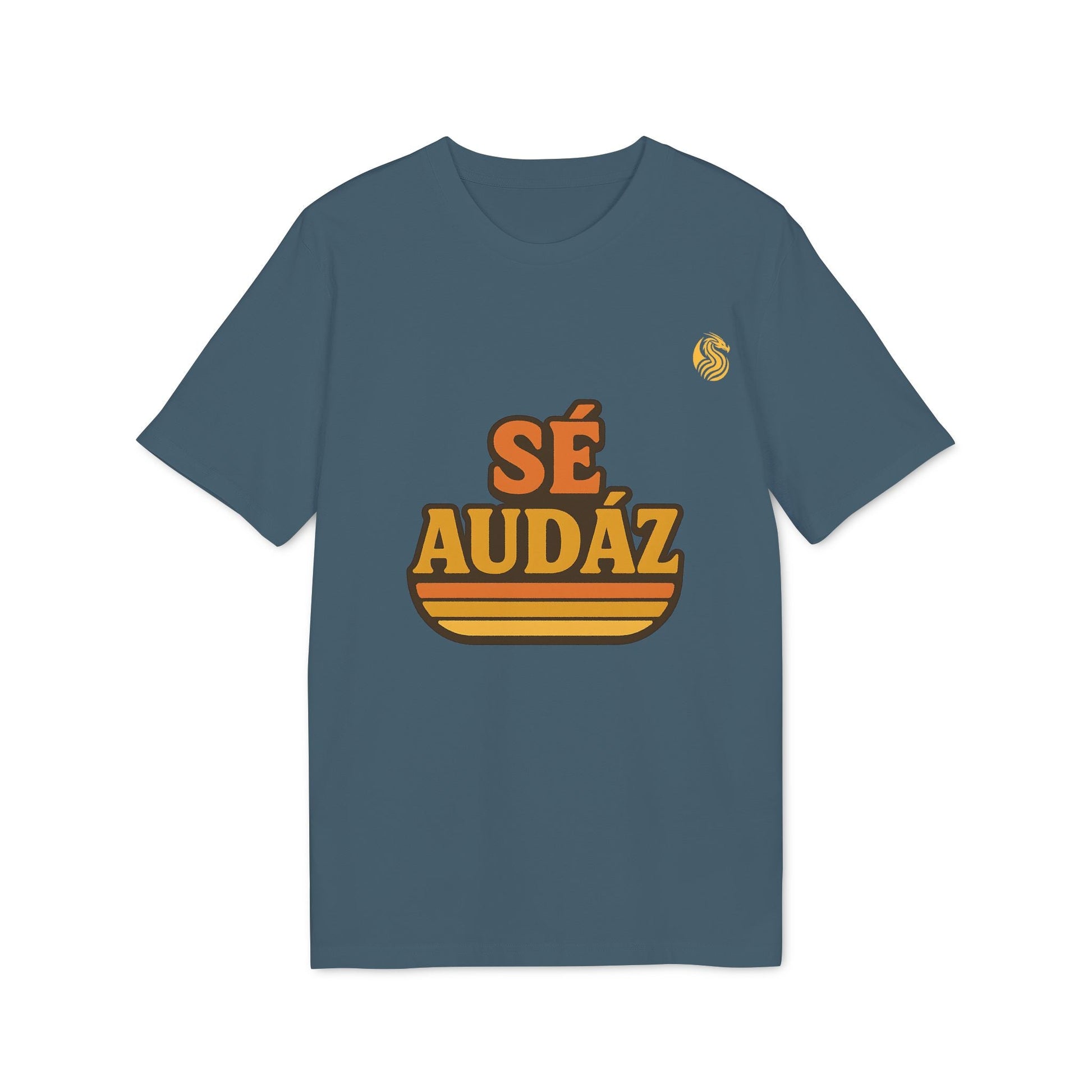 Alt Tag: Se Audaz Ecologic Joven Premium Unisex T-Shirt camiseta unisex azul con texto “SÉ AUDÁZ” estilo retro
