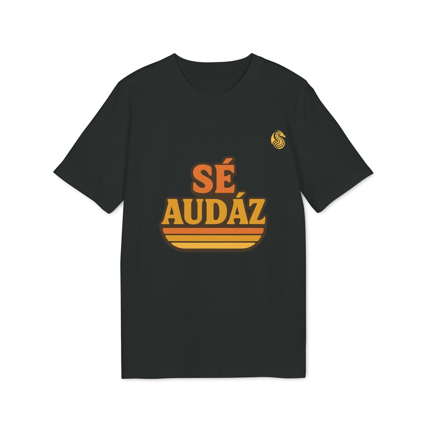 Se Audaz Ecologic Joven Premium Unisex T-Shirt negra con estampado “SÉ AUDÁZ” en tonos naranja y logo pequeño en el pecho