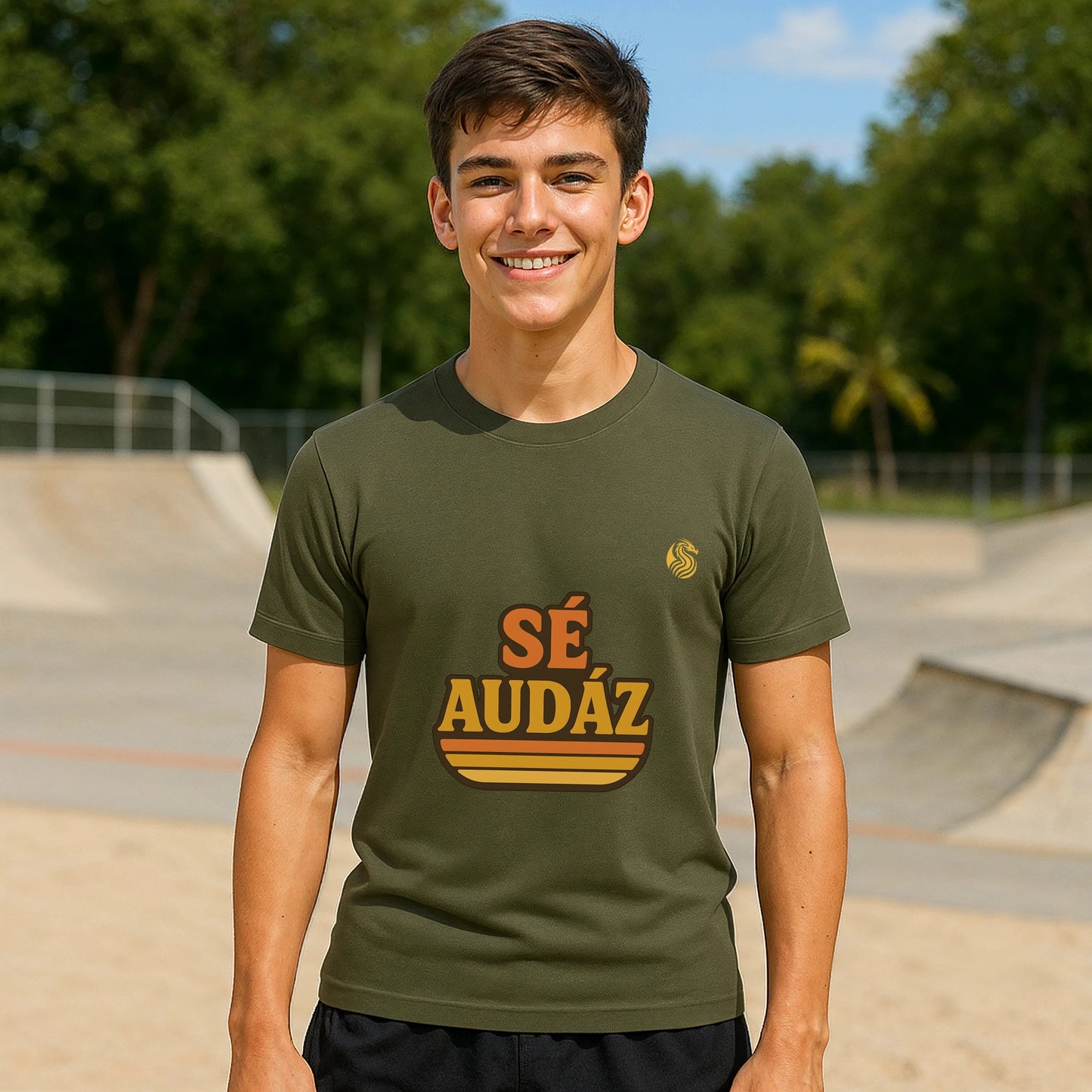 Alt Tag: Se Audaz Ecologic Joven Premium Unisex T-Shirt verde oliva con texto “SÉ AUDÁZ”, modelo unisex en skatepark al aire libre