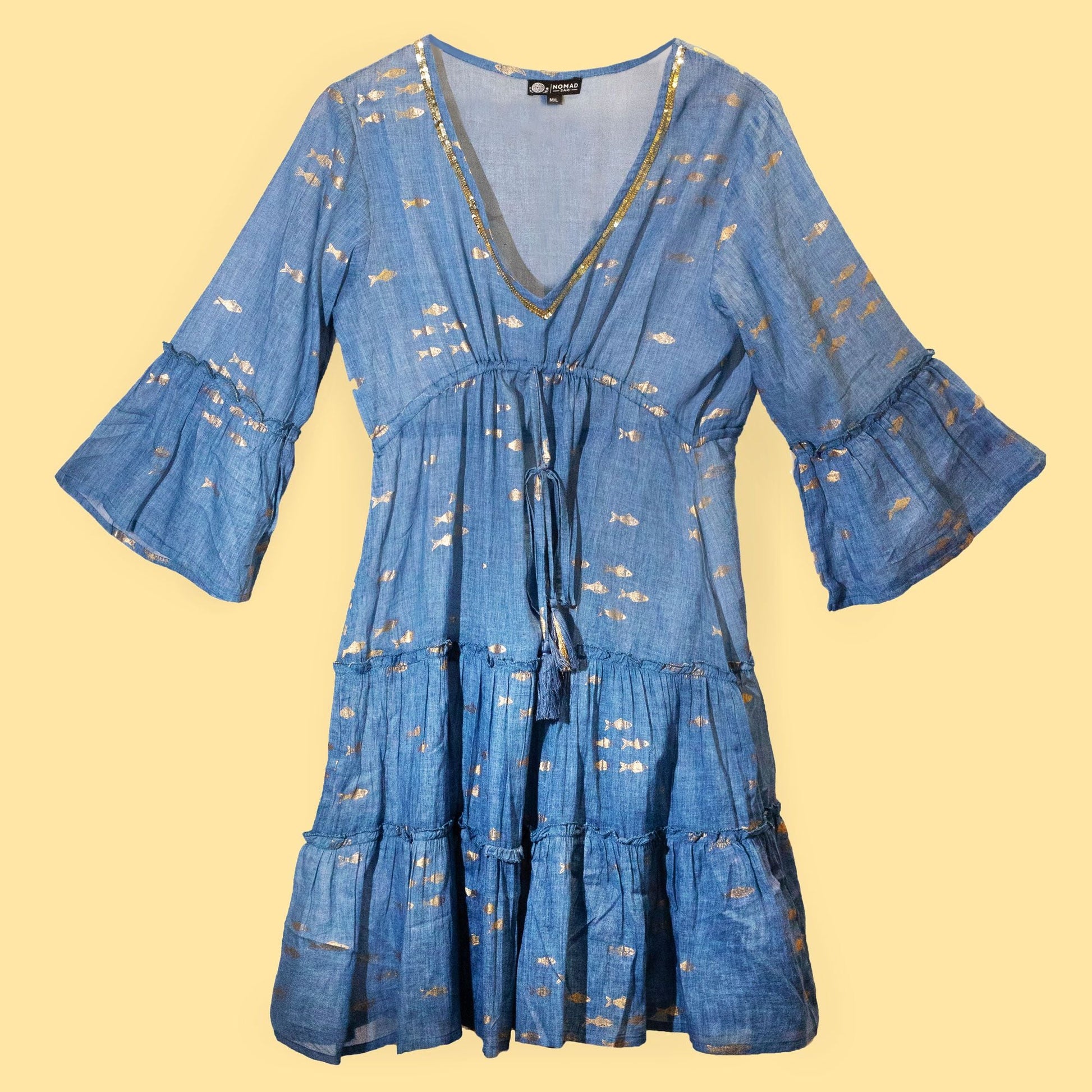 Sea Blue & Gold Fish Nomad Sari Dress – ML in sea blue with gold fish motifs, V-neck, ruffle sleeves and tiered skirt