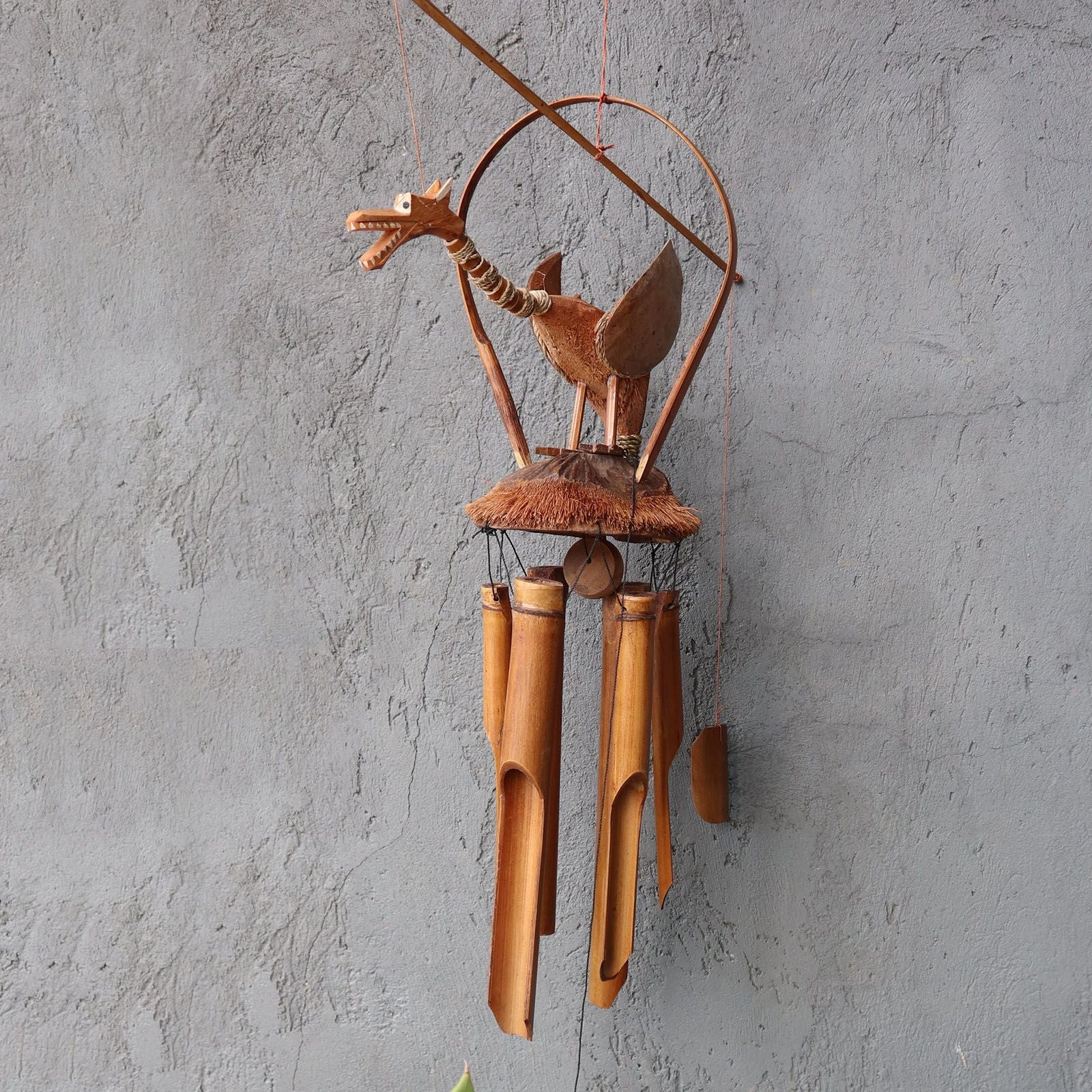Seagrass Bamboo Wind Chime – Natural Coconut Dragon hanging wall decor with bamboo tubes and coconut shell dragon figure