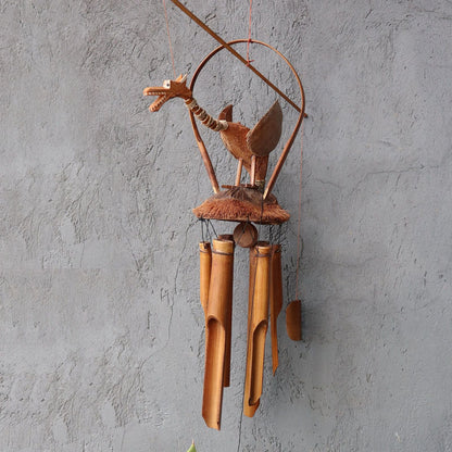 Seagrass Bamboo Wind Chime – Natural Coconut Dragon hanging wall decor with bamboo tubes and coconut shell dragon figure
