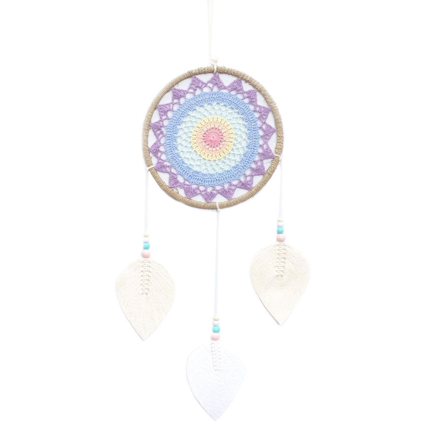 Sjömått & bomull Dream Catcher – stor boho-väggbonad 65x27 CM med vävd mandala, ring i sjömått och vita bladtofsar