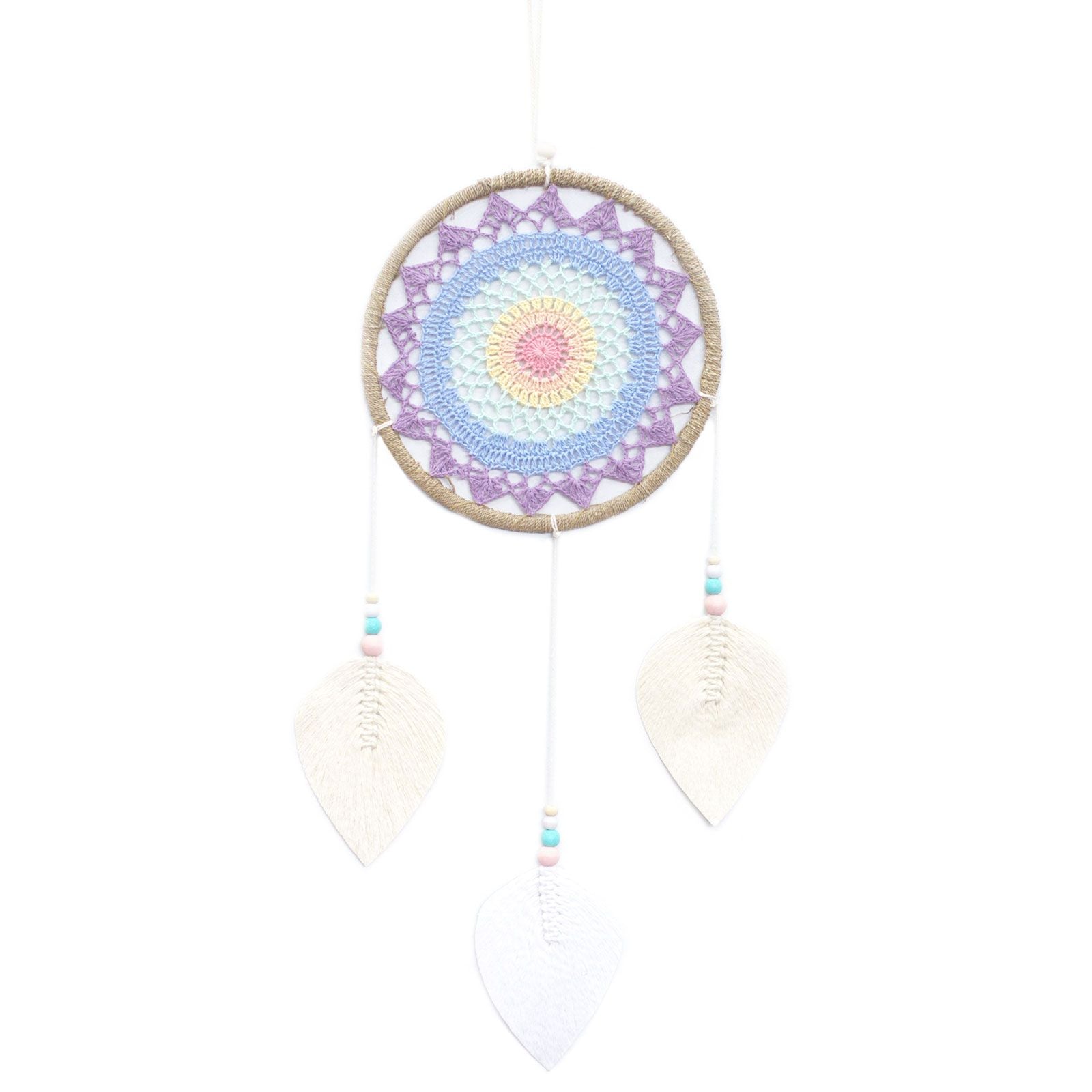 Sjömått & bomull Dream Catcher – stor boho-väggbonad 65x27 CM med vävd mandala, ring i sjömått och vita bladtofsar