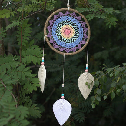 Sjögäs & bomull drömfångare – stor 65x27 CM boho-hänge med multifärgad vävd ring och vita fjädrar, väggdekoration