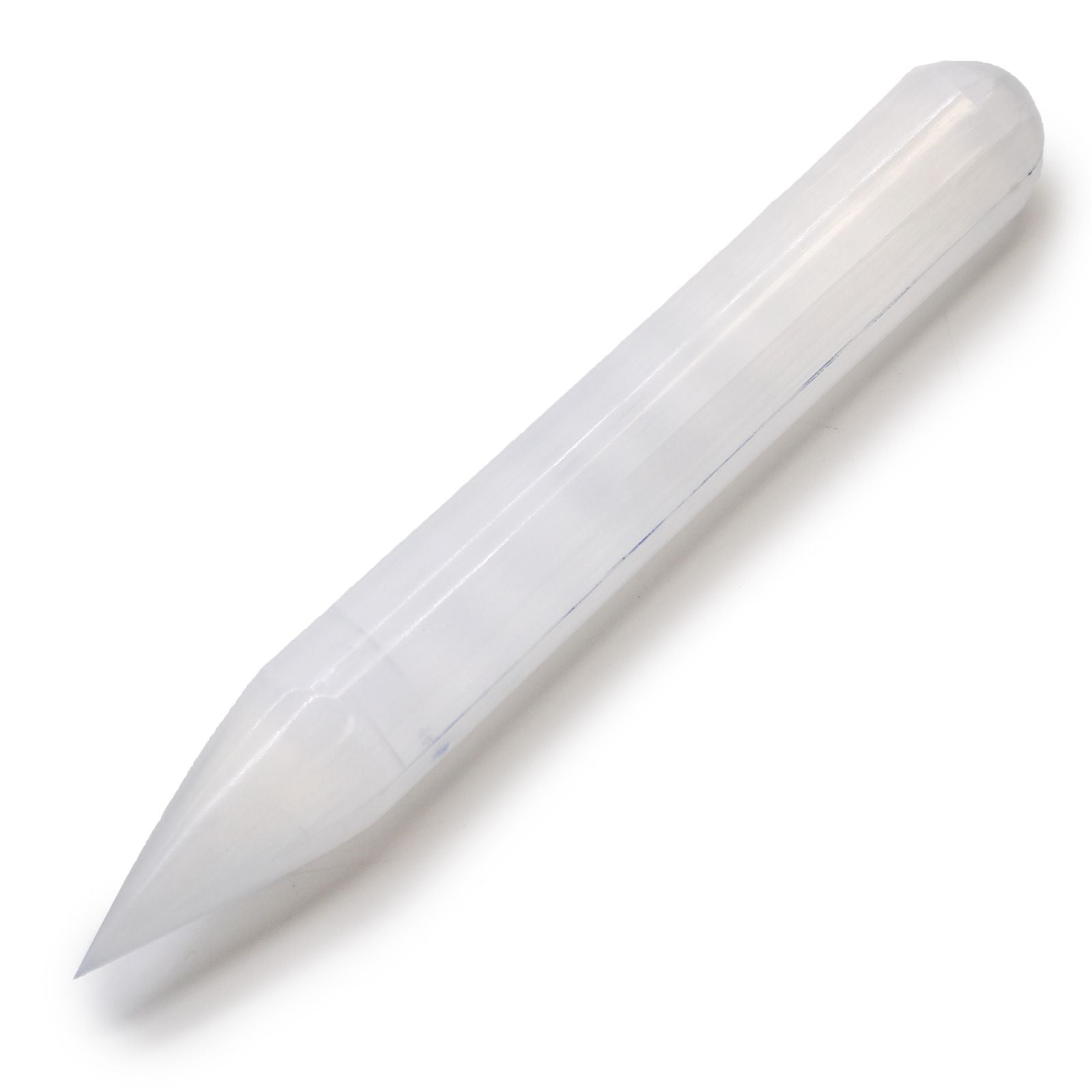 Alt Tag: Selenite Harmonizing Wand – 16 CM Pointed, pointed selenite crystal wand with smooth polished finish on white background