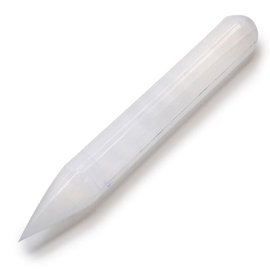 Alt Tag: Selenite Harmonizing Wand – 16 CM Pointed, pointed selenite crystal wand with smooth polished finish on white background