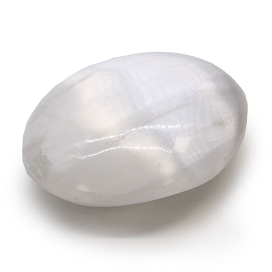 Alt Tag: Selenite Palm Stone – 5-7 CM white polished palm stone crystal, smooth oval shape, close-up on white background