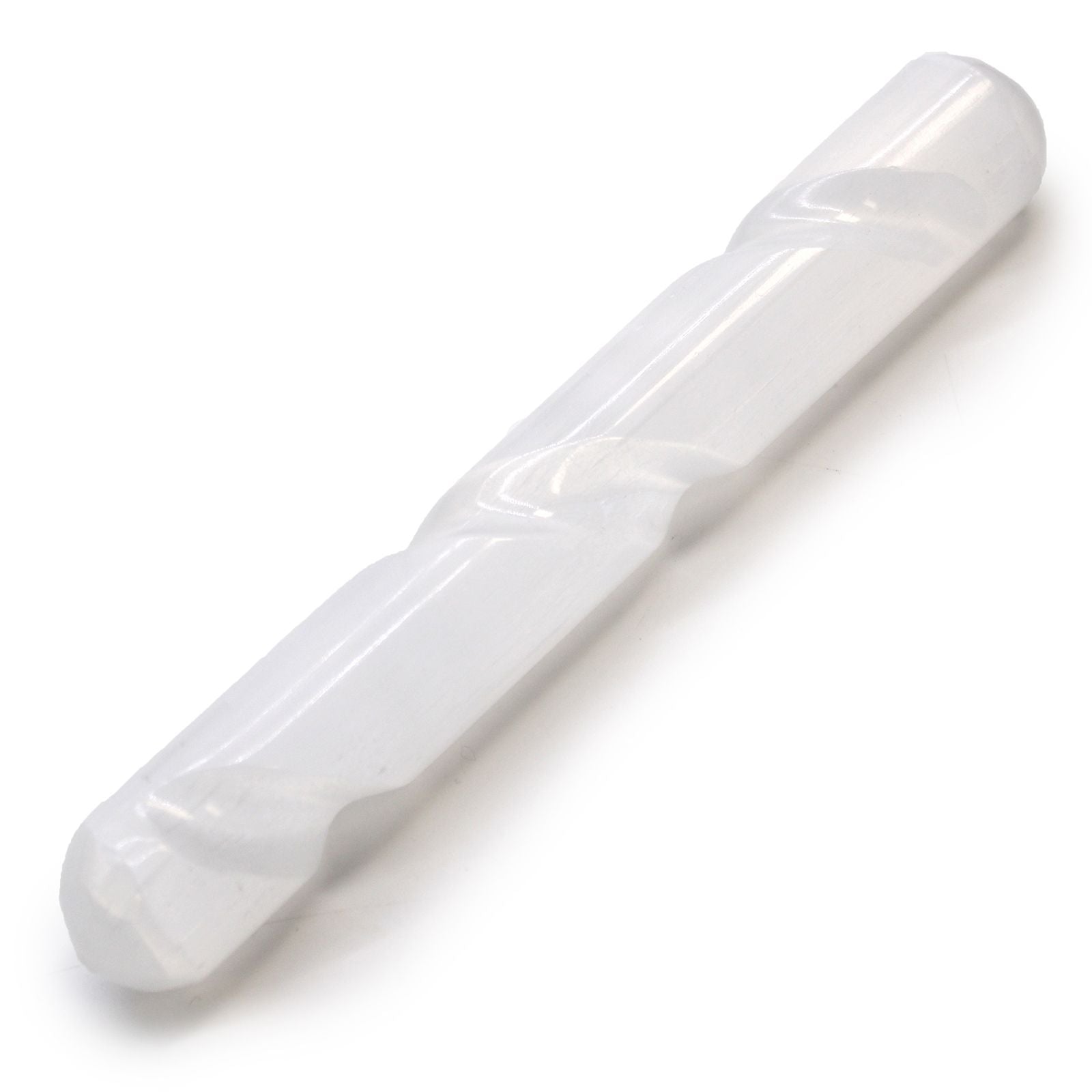Alt Tag: Selenite Spiral Wand – 16 CM Round Ends, white selenite spiral wand with round ends on white background