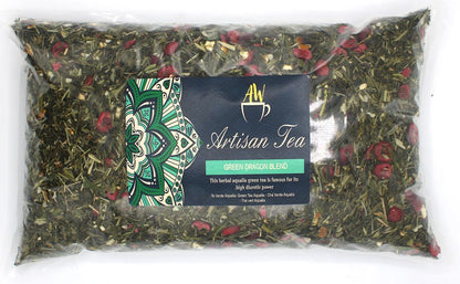 Alt Tag: Sencha & Lung Ching Green Tea – 1 KG Artisan Blend bolsa 1 kg té verde a granel mezcla artesanal con hojas y pétalos, etiqueta Artisan Tea