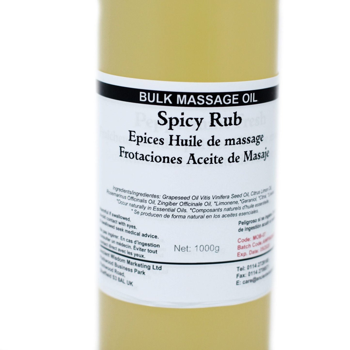 Alt Tag: Sensational Spicy Rub Massage Oil – 1KG bulk massage oil bottle label Spicy Rub 1000g