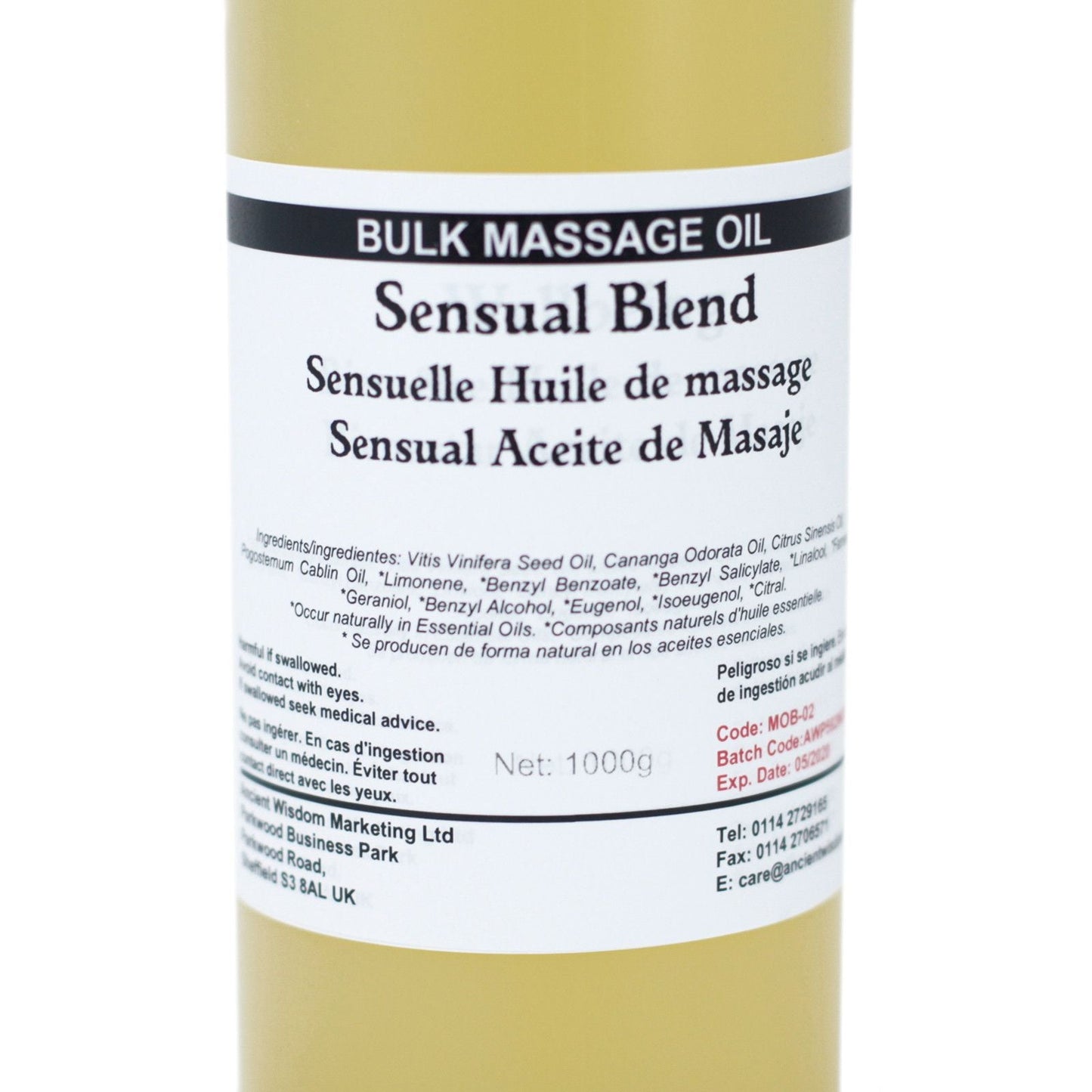 Sensual Massage Oil – 1 KG bulk sensual blend massage oil bottle label, 1000g size, silky texture for slow, flowing strokes