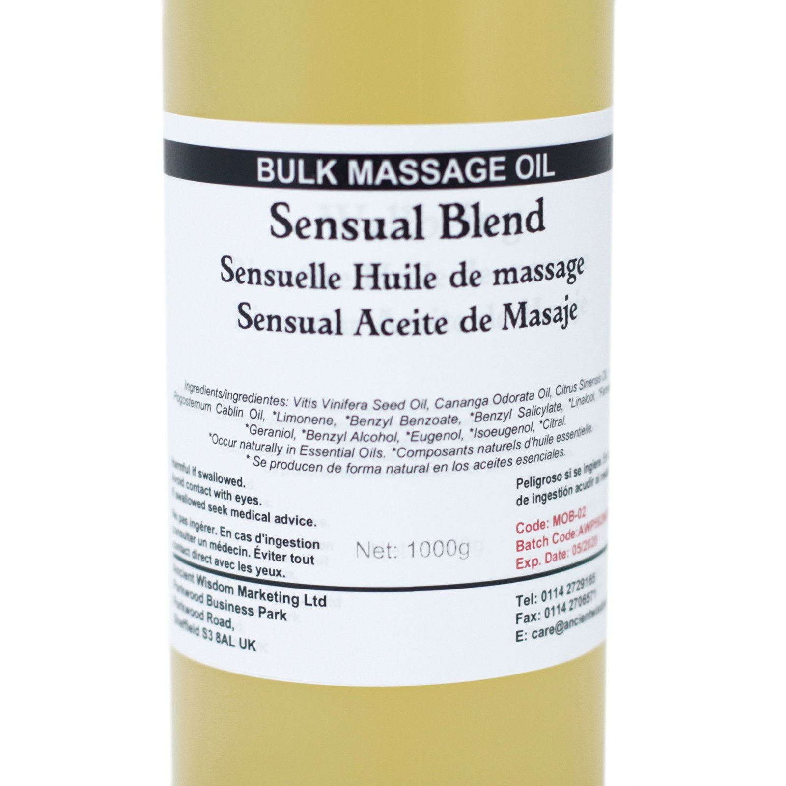 Sensual Massage Oil – 1 KG bulk sensual blend massage oil bottle label, 1000g size, silky texture for slow, flowing strokes