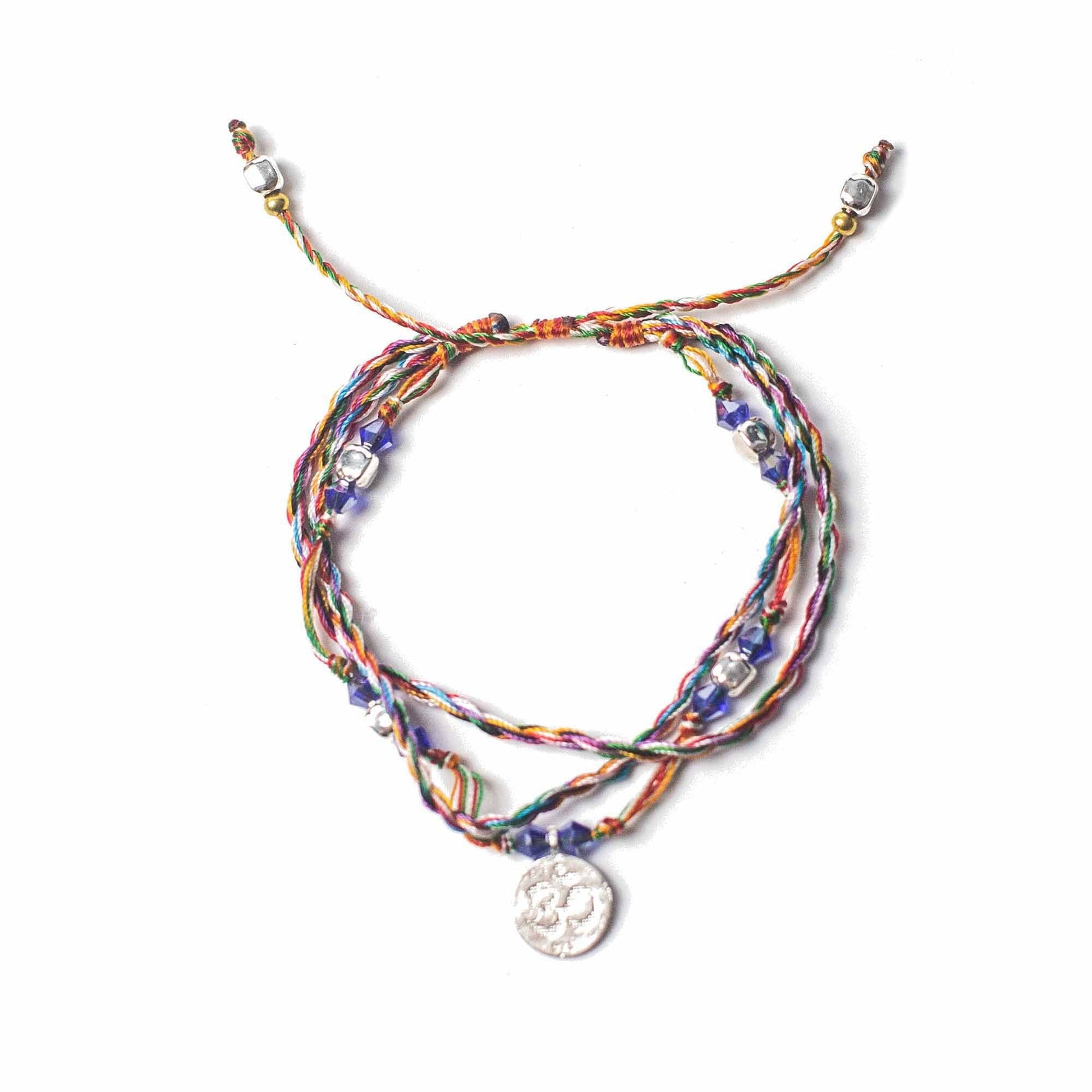 Alt Tag: Serenity Om Temple String Bracelet – Unisex multicolor braided string bracelet with beads and Om charm, adjustable tie closure