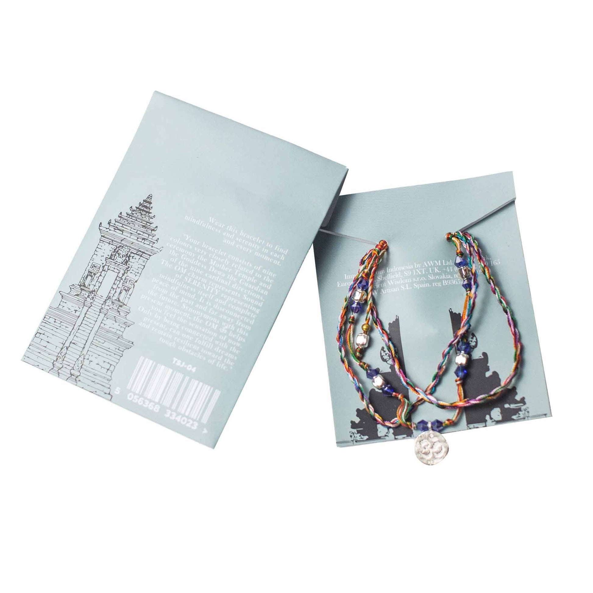 Serenity Om Temple String Bracelet – Unisex multicolor string bracelet with beads and metal charm on product card packaging