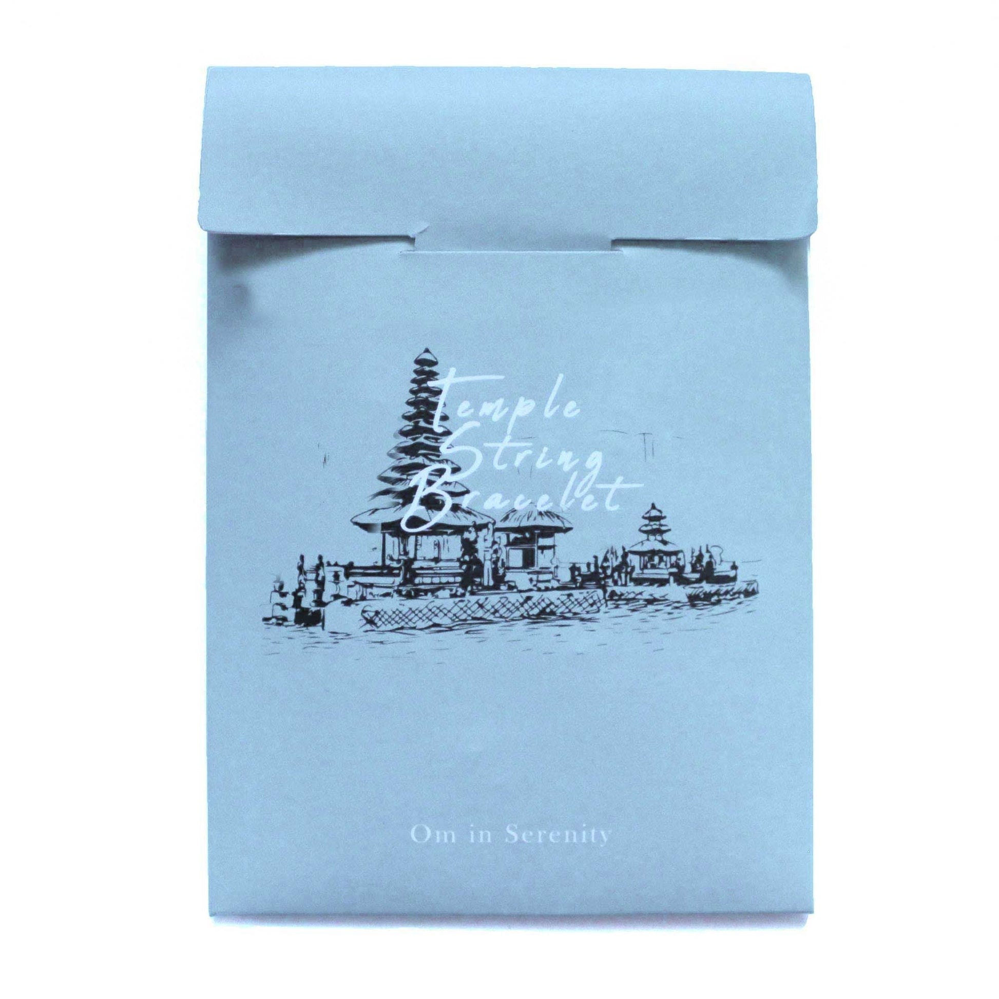 Serenity Om Temple String Bracelet – Unisex packaging envelope with temple illustration and “Temple String Bracelet” text