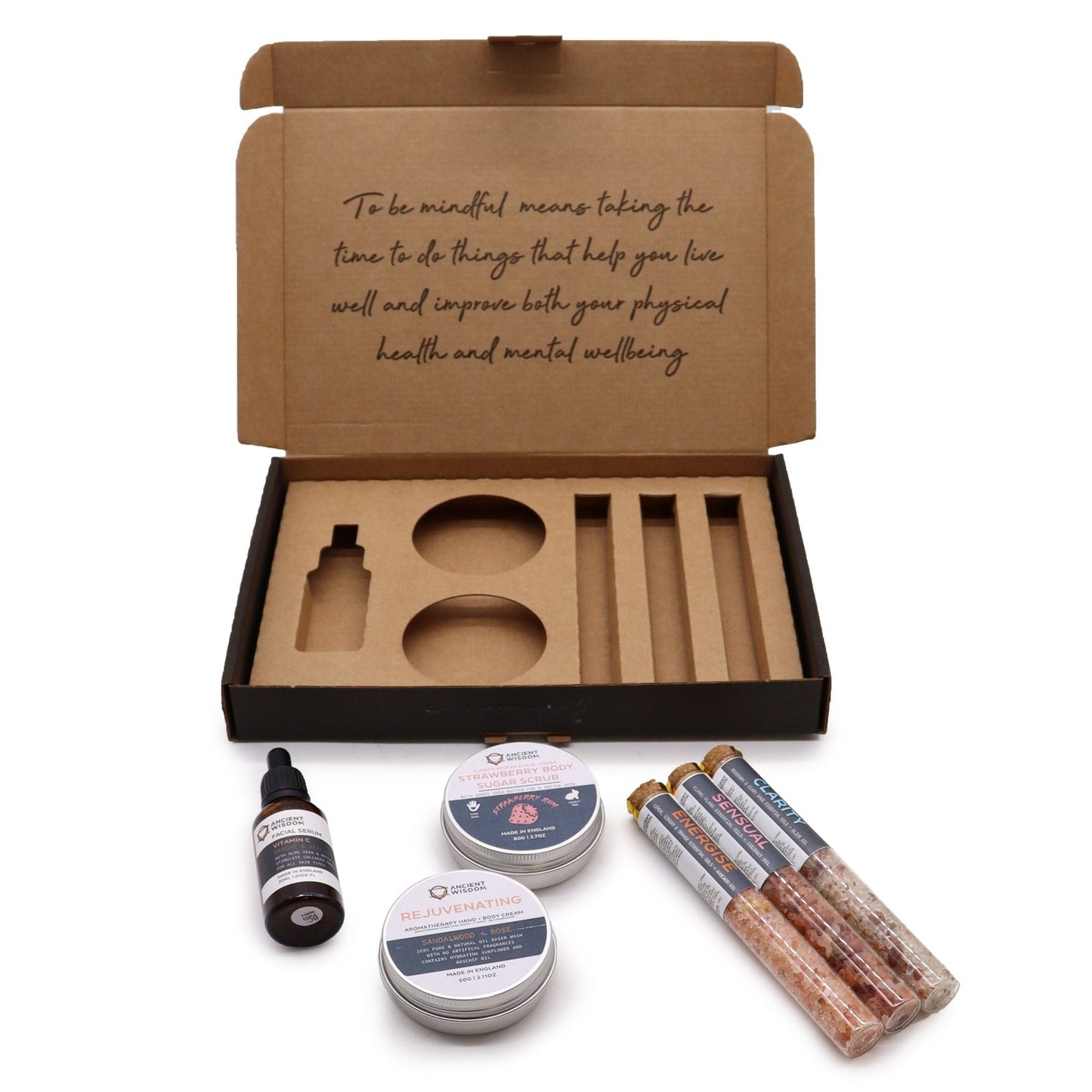 Serenity Self-Care Kit – 28x19 CM gift box with skincare bottles, tins and bath salts, open packaging with molded insert
