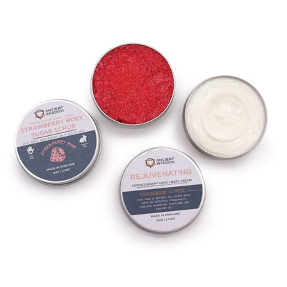 Serenity Self-Care Kit – 28x19 CM con exfoliante corporal de azúcar fresa y crema corporal aromática en latas redondas abiertas