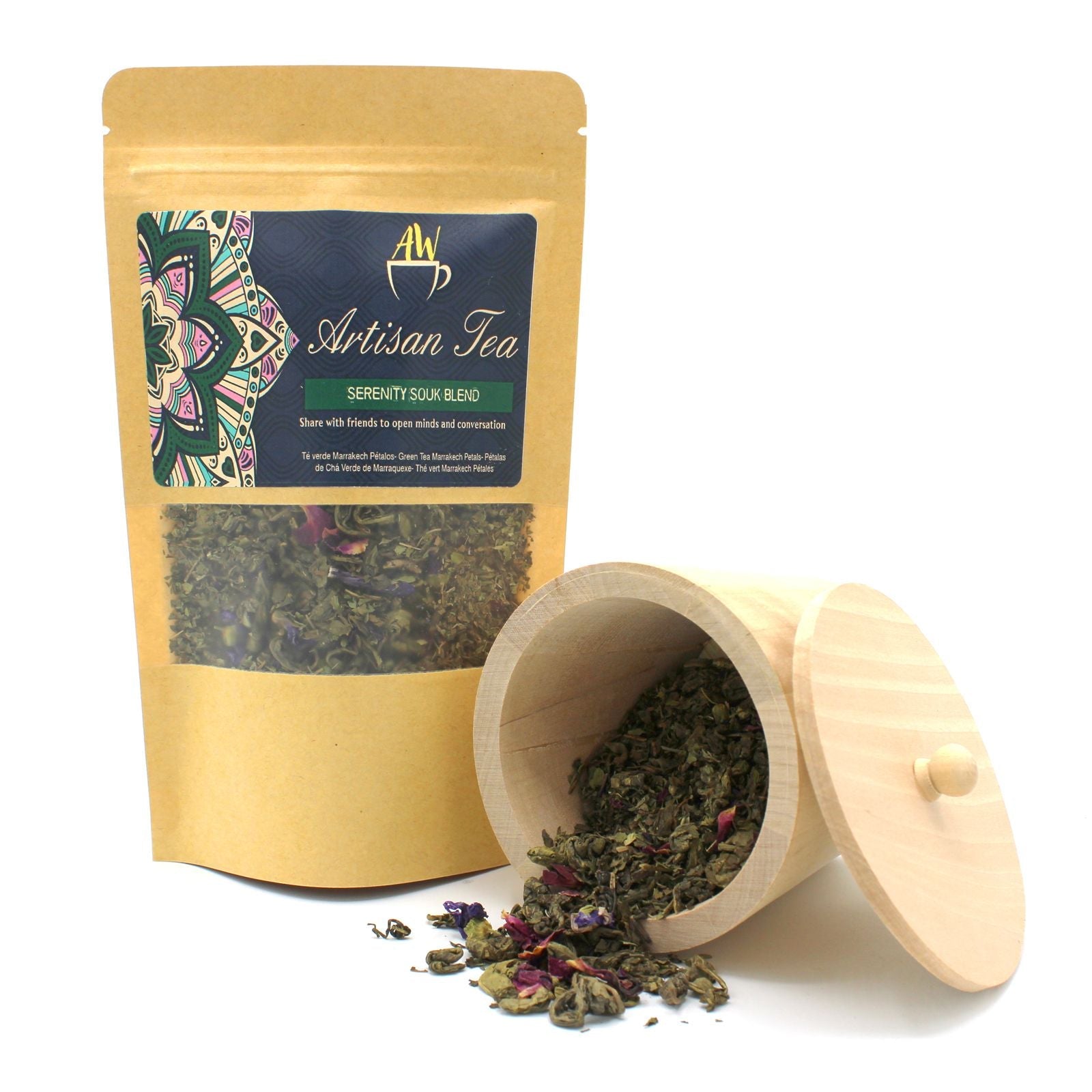 Serenity Souk Blend Tea – 50G Artisan Delight artisan tea pouch with loose-leaf green tea, mint and rose petals in wooden jar