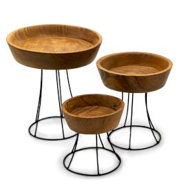 Alt Tag: Set of 3 Elevated Teak Bowls, handcrafted solid teakwood bowls on pedestal bases with black metal stands, natural wood grain
