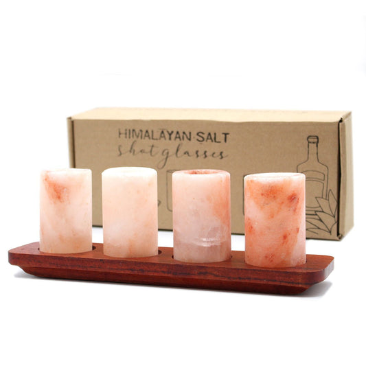 Set de 4 vasos de shot de sal del Himalaya con soporte de madera para servir, 4 vasos de shot de sal rosa sobre bandeja de madera para servir con caja
