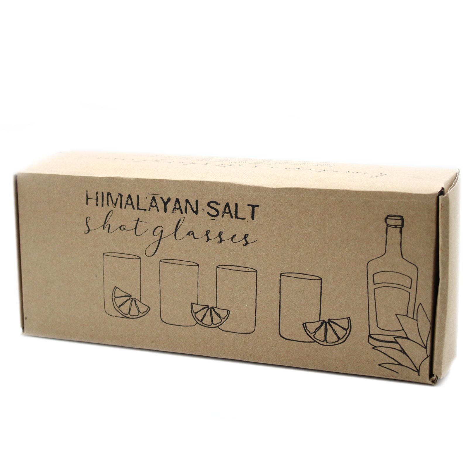 Set med 4 Himalayan Salt shotglas med serveringsställ i trä, boxförpackning med illustration av Himalayan salt shotglas
