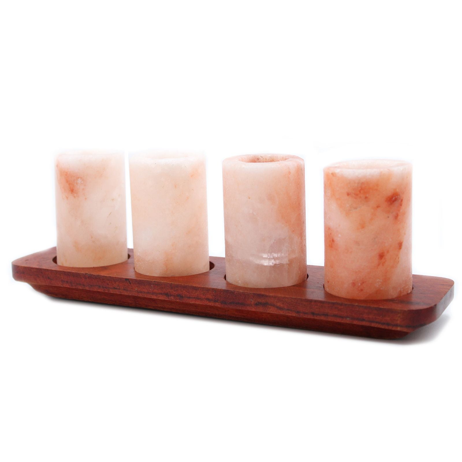 Set med 4 Himalayan Salt-shotglas med serveringsställ i trä, 4 salt-shotglas på rustikt serveringsfat i trä