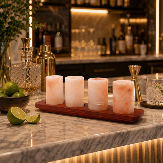 Set of 4 Himalayan Salt Shot Glasses with Wood Serving Stand