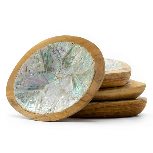 Set of 4 Teak Mini Bowls with Shell Decor (Assorted) handcrafted solid teakwood mini bowls with shell inlay, stacked display