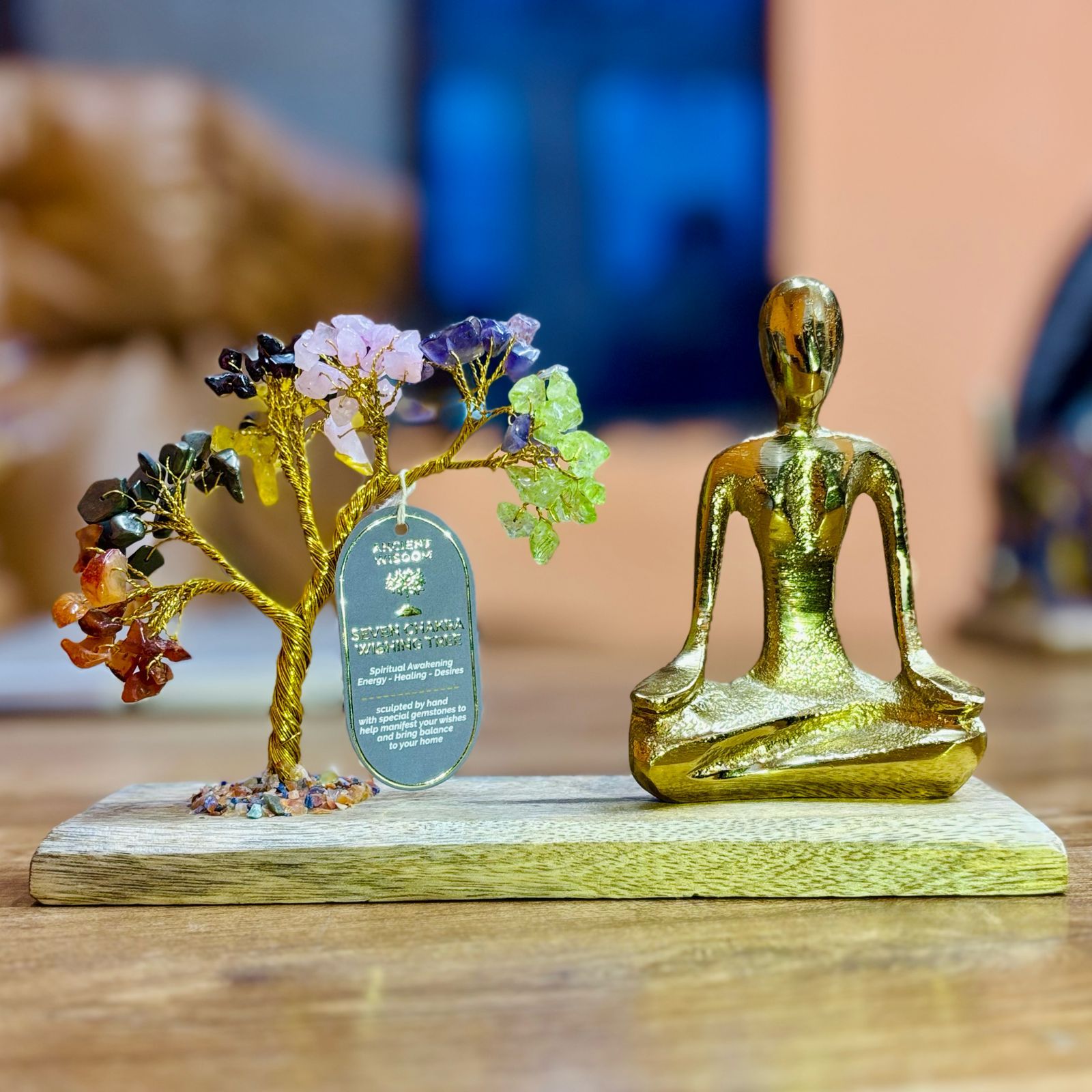 Seven Chakra Yoga Garden Tilted Tree Mudra Pose – 100 Chipstones with gemstone chip tree and gold-tone seated figure decor