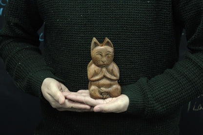 Sheesham Wood Bali Magic Box – Yoga Cat Edition wooden yoga cat puzzle box figurine held in hands, hidden compartment, 14x7 cm
