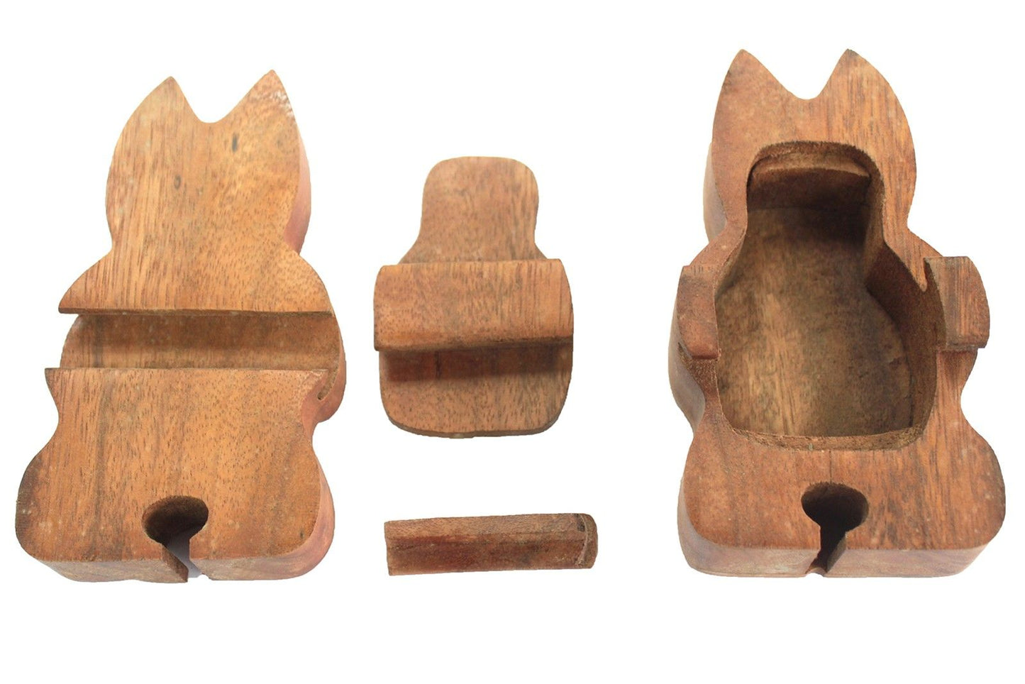 Alt Tag: Sheesham Wood Bali Magic Box – Yoga Cat Edition puzzle box with hidden compartment, wooden cat-shaped pieces shown disassembled