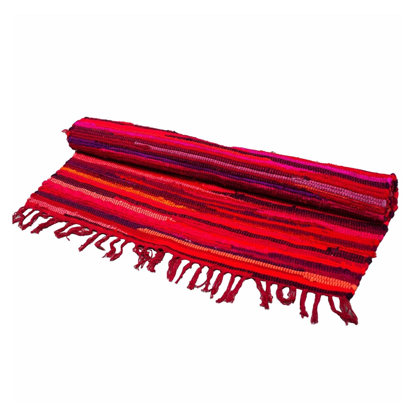 Alt-Tag: Schockpinkfarbener Baumwoll-Flickenteppich – 150x90 CM, handgefertigter indischer Baumwoll-Flickenteppich in pinken und roten Streifen mit Fransen an den Kanten