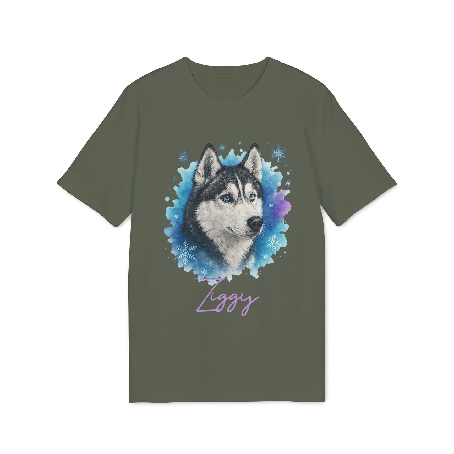 Alt Tag: Siberian Husky Personalized Premium Unisex T-Shirt con ilustración de husky y nombre personalizado "Ziggy" en camiseta verde oliva